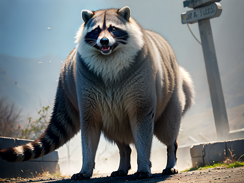 Monsterous Raccoons Big male raccoon with grey fur, standing on his hindlegs with a blue ...