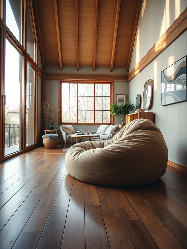 interior of a cozy room with a large bean bag chair on wooden floor, soft natural lighting from big windows, camera settings f/1.4, ISO 200, shutter speed 1/60, camera view perspective angle, camera style cinematic, camera type DSLR