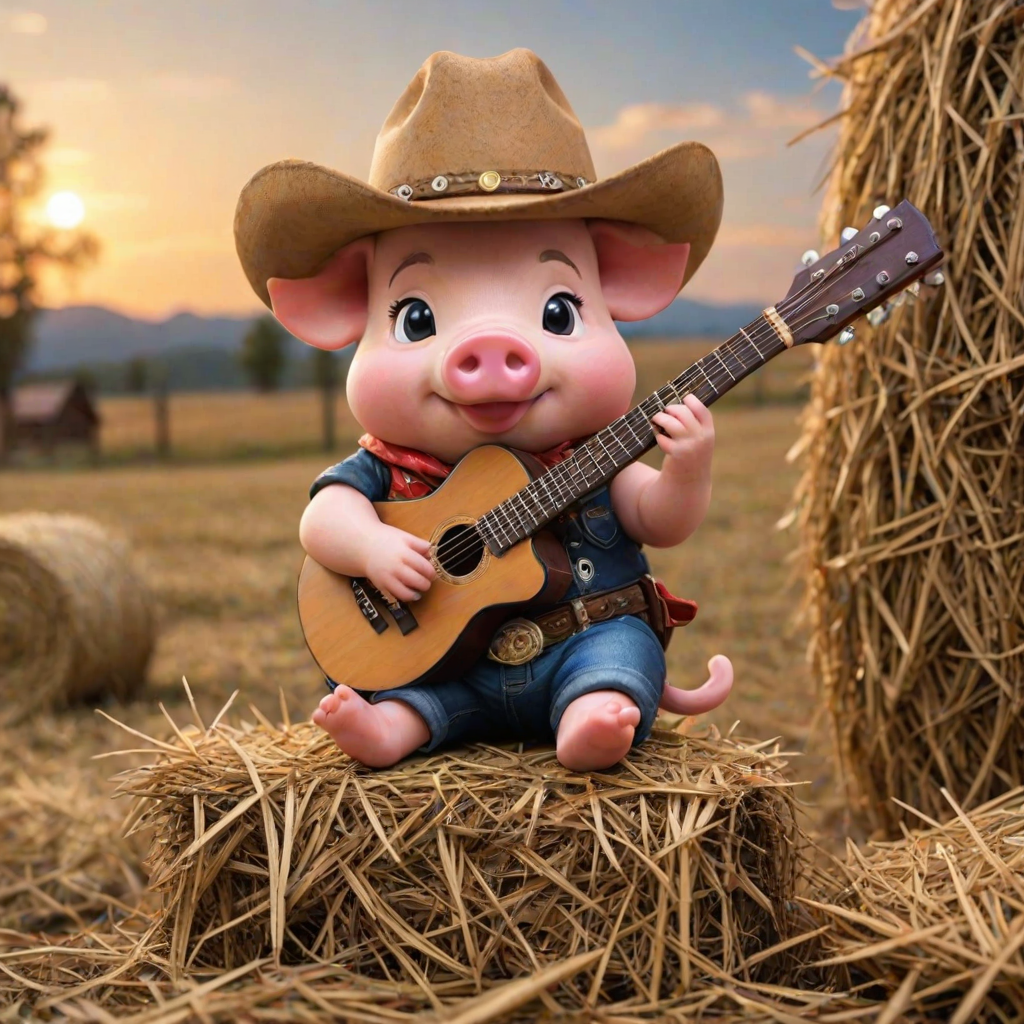 A chibi pig, dressed as a cowboy, playing guitar, sitting on a hay bale
