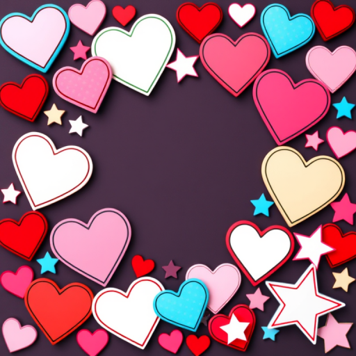 Create a high-resolution vector graphic arrangement of filled and outlined hearts and stars in various colors and styles, using a 50mm lens, f/8 aperture, ISO 100, shot from a flat lay perspective to enhance clarity and detail.