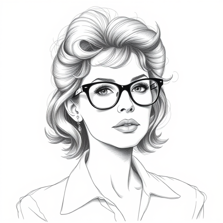 Beautiful Sigourney Weaver, pencil sketch, portrait of beautiful woman 60s in glasses, hair style beatnik, outline, clear lines, fine lines, 8k