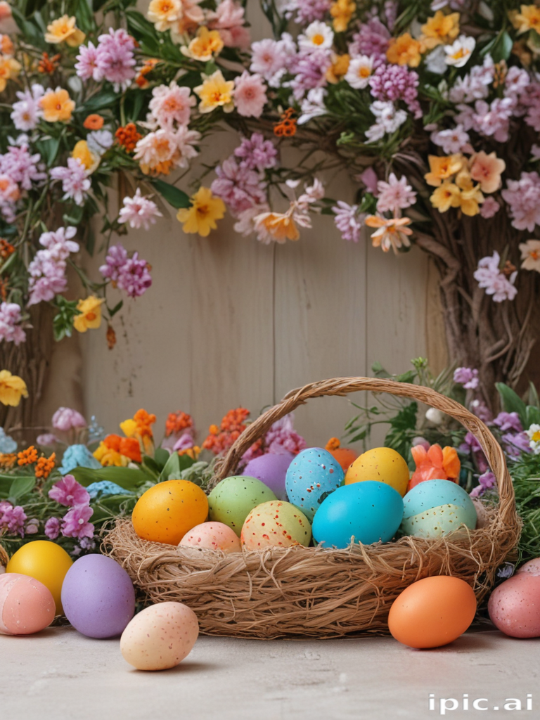 Colorful Easter Eggs in a Basket Surrounded by Vibrant Spring Flowers