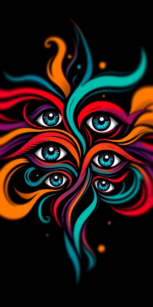 Generate a vibrant, high-resolution image of a stylized design featuring multiple eyes intertwined with flowing abstract shapes, using a Canon EOS 5D Mark IV, 50mm lens, aperture f/1.8, ISO 100, with a shallow depth of field to create a soft background effect.