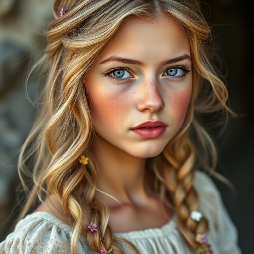 Create an image of a young Afghan woman with long, wavy blonde hair, adorned with small, colorful flowers woven into her braids and loose strands. Her complexion is fair, with soft, glowing skin, and she has light blue eyes that gaze softly at the viewer. She wears a light, flowing dress with a gentle, ethereal quality, complementing her delicate and serene appearance. The background is slightly blurred, drawing focus to her tranquil expression and the intricate details of the flowers in her hair. The overall mood of the image is one of natural beauty and grace, evoking a sense of peacefulness and connection with nature.