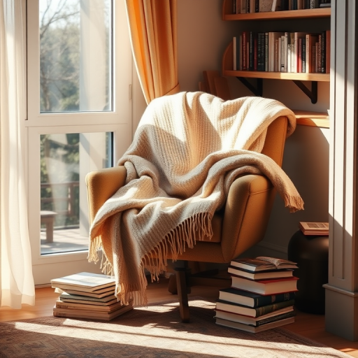 Warmly lit photo of a reading nook with a comfy chair, soft blankets draped over it, and a stack of books, with gentle sunlight streaming through a nearby window.