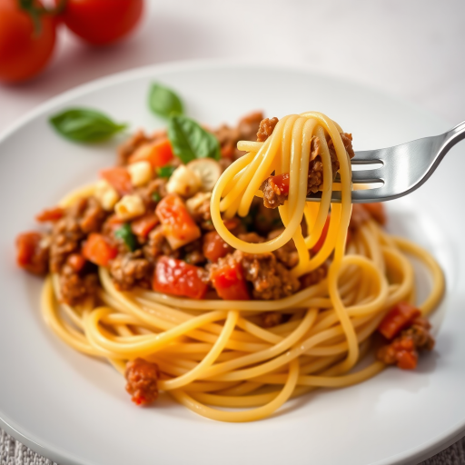 Create an image of a delicious plate of spaghetti topped with a rich meat sauce, including ground meat, tomatoes, and fresh vegetables. A fork should be twirling some pasta on the plate, which should be a simple white design. The background should be lightly blurred to focus on the dish, highlighting its appetizing colors and textures.