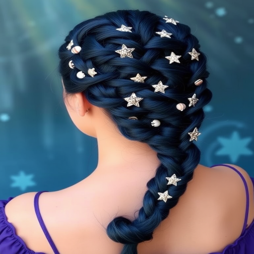 Bewitching Midnight Blue Mermaid Braid styled into an intricate fishtail plait, adorned with tiny seashells and starfish-shaped clips for an enchanting underwater-inspired look