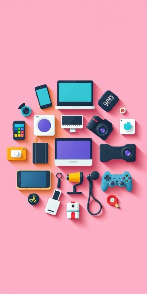 Create a vibrant flat design icon collage featuring modern tech devices and symbols such as a smartphone, laptop, camera, microphone, game controller, and more, using a colorful circular layout with shadows; camera settings: ISO 100, aperture f/8, shutter speed 1/200s; camera view: top-down; camera style: minimalistic; camera type: DSLR.