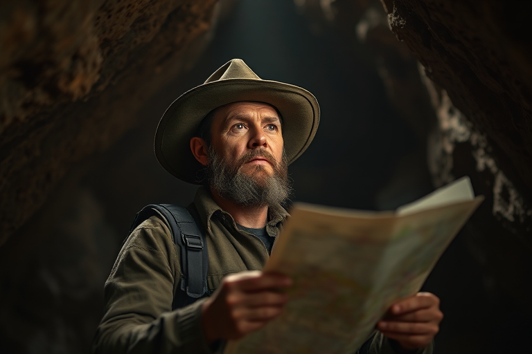 A rugged explorer in a dimly lit cave, wearing a wide-brimmed hat and holding a map, soft natural lighting from above, 50mm lens, f/2.8 aperture, ISO 400, shallow depth of field, DSLR camera, cinematic style.