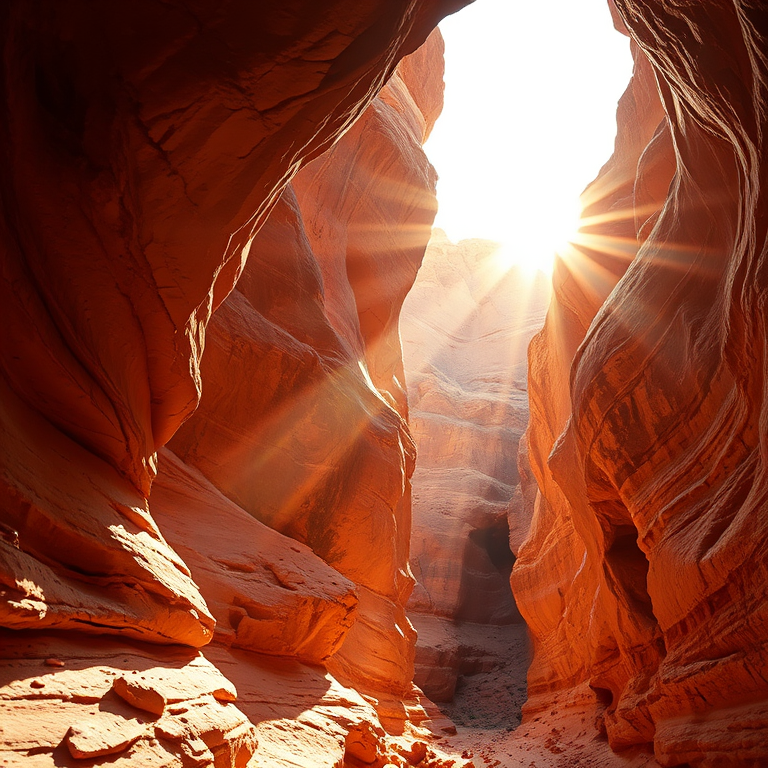 regenerate a stunning landscape of sunlight streaming through a rock archway in a canyon, use a Canon EOS R5 camera with a 24-70mm f/2.8 lens, aperture set to f/8, ISO 100, shutter speed 1/125 sec, golden hour lighting for rich colors and shadows, focus on the texture of the rocks and the soft glow of the sunlight illuminating the scene
