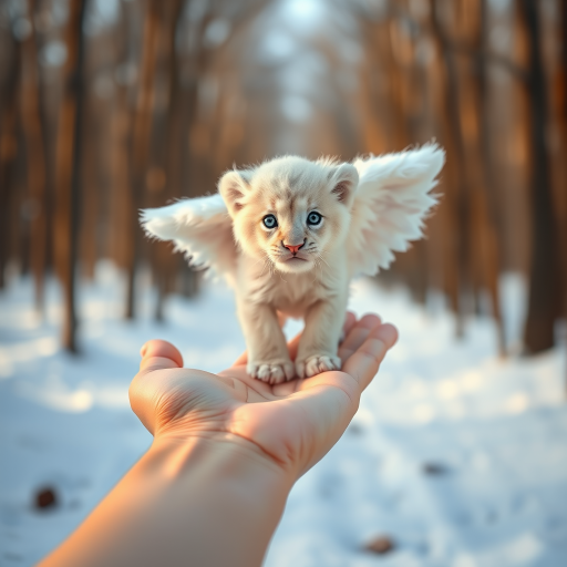 A small, white lion cub with angelic wings standing on a human hand. The cub has a soft, fluffy texture with detailed fur, expressive blue eyes, and a curious expression. The wings are large and feathery, blending seamlessly with its fur, giving an ethereal appearance. The background is a winter forest, with the ground covered in snow and blurred brown trees, creating a serene atmosphere. The human hand in the foreground is positioned palm-up, supporting the lion cub gently, fingers slightly curled. The lighting is soft and diffused, enhancing the tender and magical feel of the scene. Colors are predominantly neutral with white, cream, and soft browns, contrasting with the subtle blue of the lion cub's eyes. The overall composition is balanced, with the cub at the center, creating a focal point that draws the viewer's attention immediately.
