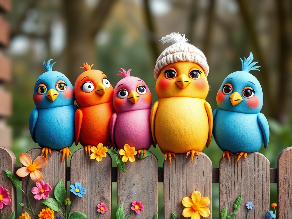 create a scene of 4 quirky  whimsical colourful comical birds each with a funny expression. they are sat on a wooden fence with colourful flowers. they are all different sizes. each one is a different colour  one is wearing a woolly hat. Each one has a different quirky google expression and there is a muted background of trees watercolour paintierly style high definition 8k resolution 3D paper mache