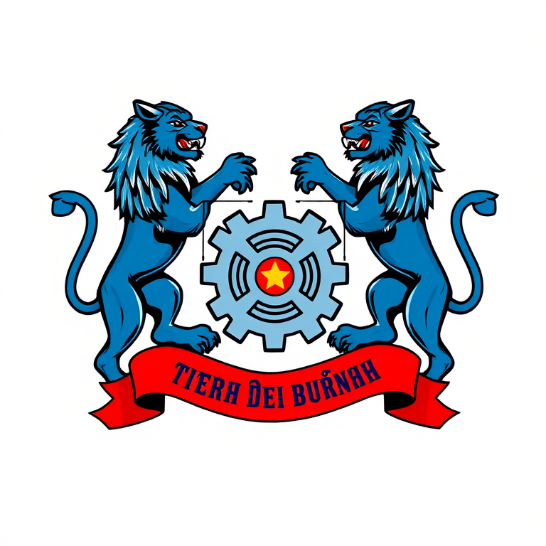 Create a highly detailed digital illustration of a coat of arms featuring two blue lions, a gear symbol, and a red ribbon with Burmese text, using a Canon EOS R5 camera with a 50mm lens, aperture set at f/1.8, ISO 100, shooting from eye level with natural lighting to enhance colors and clarity.
