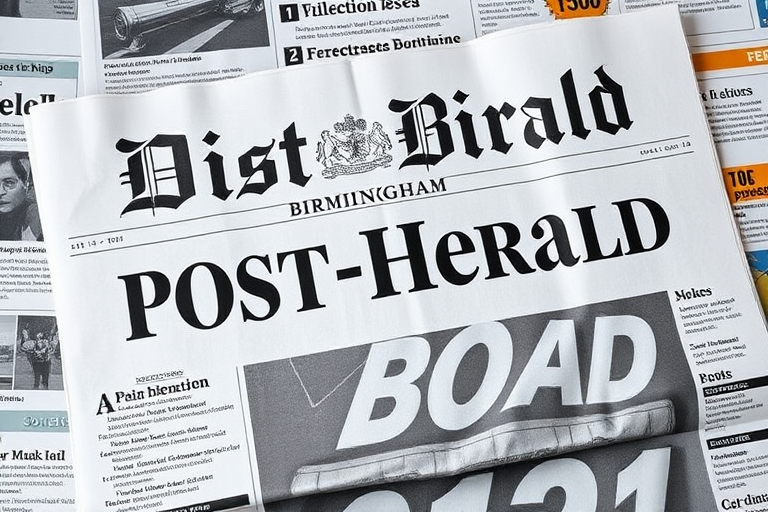 Create a high-resolution image of a newspaper layout titled "Birmingham Post-Herald" with a traditional style, using a DSLR camera with a 50mm lens, aperture set to f/4 for depth of field, ISO 200 for clarity, and a slight overhead angle for perspective.