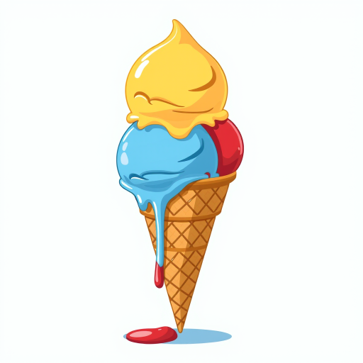 Create a vibrant illustration of an ice cream cone with three scoops (yellow, blue, and red) dripping slightly, using a high-resolution digital camera with a 50mm lens, f/2.8 aperture, and soft lighting to enhance colors and textures, shot from a slightly elevated angle.