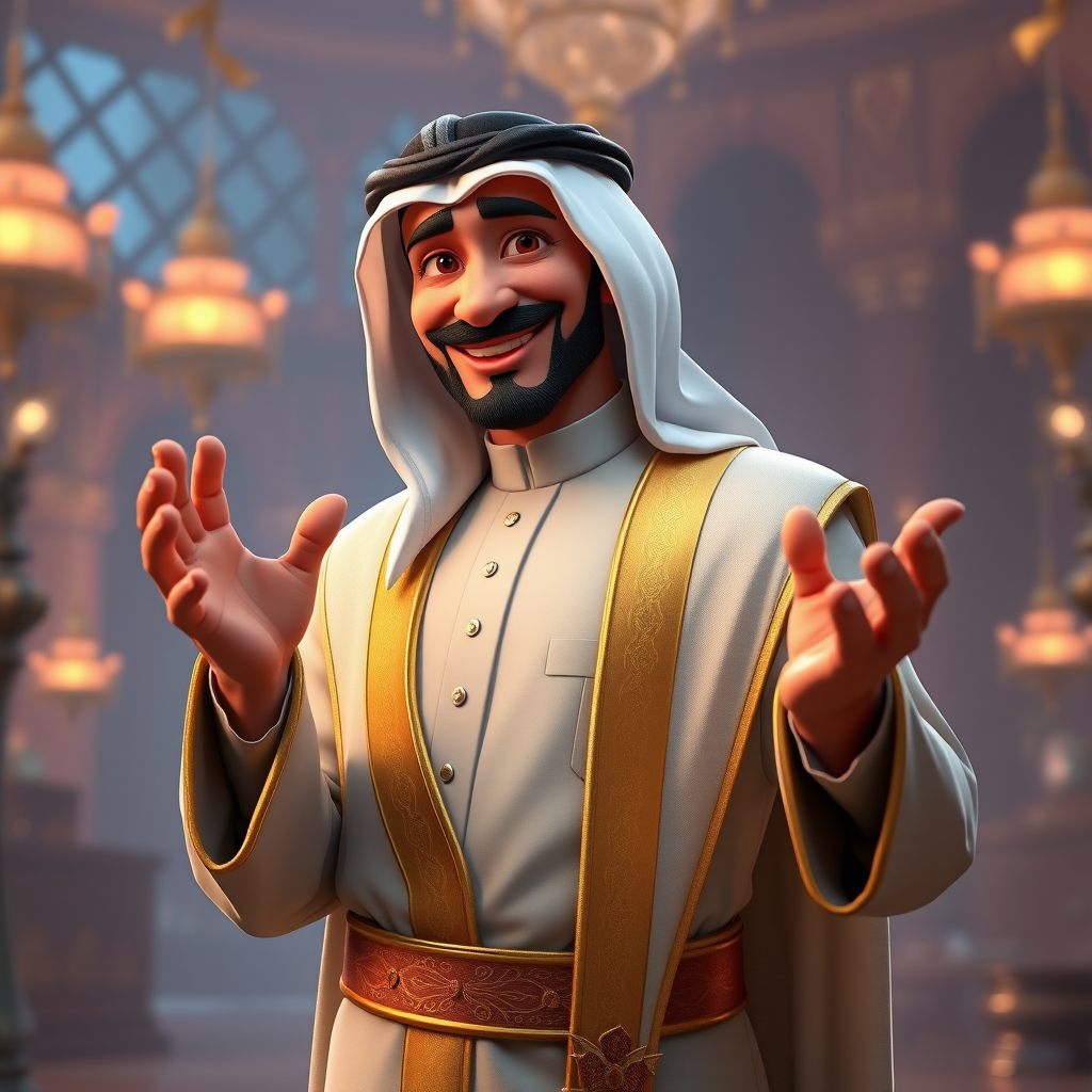 Create a 3D rendering of a wealthy Arab male sheikh from Dubai, inspired by the Disney animation style. The sheikh must have a smile and a playful but wise character. Place your character in an atmosphere of wealth and luxury. The image must be in high resolution format. Dynamic pose above the waist, gesturing with hands (Pixar Art style)++ highly detailed digital painting, art stations, concept art, soft focus, hard focus, illustrations. cinematic, visual effects, HDR, Unreal Engine 5, ray tracing, soft light, 8k, high detail, sparkling backlighting, luxury gem, game art, 3d, cartoon, colorful, magical, mysterious