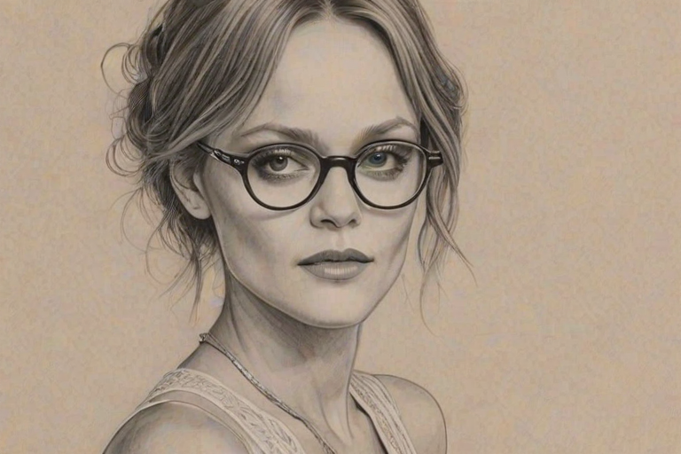 Magnificent Vanessa Paradis, pencil sketch, portrait of Charming woman 1920s in glasses, hair style beatnik, outline, clear lines, fine lines, 8k