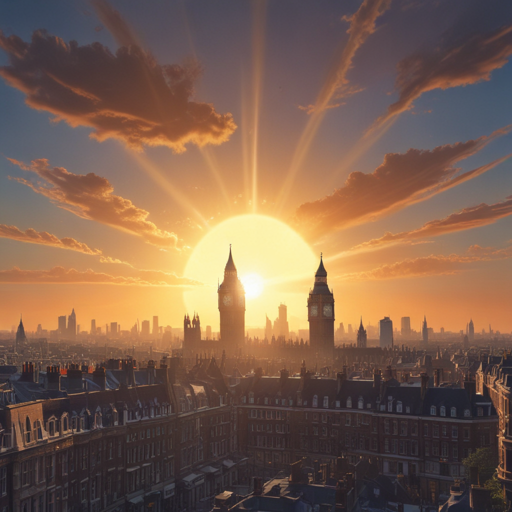 Monty python style animation sun exploding over london