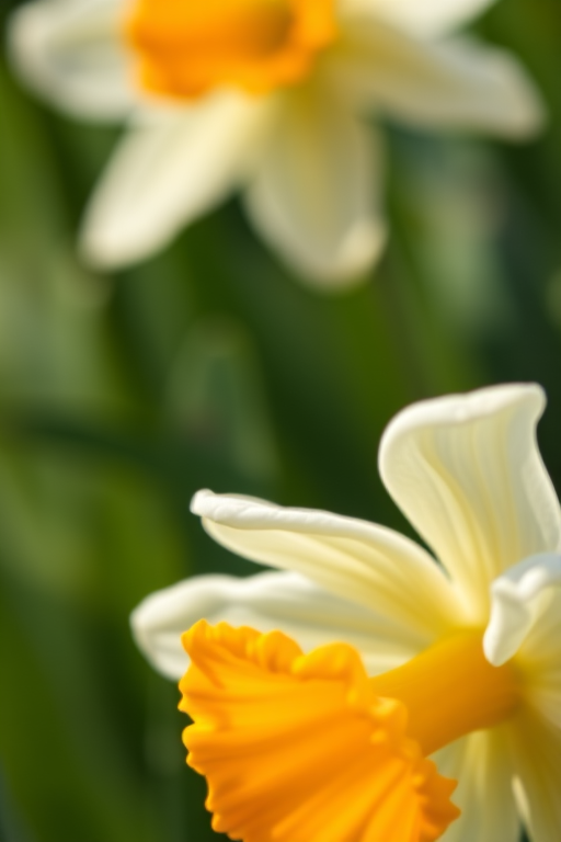 Close-up of a white and orange daffodil flower against a blurred green background, captured with a macro lens at f/2.8, ISO 100, shutter speed 1/200s, using a Canon DSLR camera with natural light for enhanced detail and color vibrancy.
