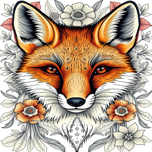 Create a detailed illustration of a fox's face with intricate floral patterns surrounding it, using a Canon EOS R5 camera with a 50mm f/1.2 lens, set at ISO 100, aperture f/2.8, and a shallow depth of field to enhance the focus on the fox while blurring the background.
