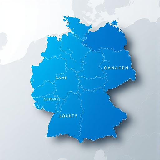 Create a high-resolution digital illustration of a map of Germany, detailing its federal states with varying shades of blue, using a Canon EOS 5D Mark IV, f/8 aperture, ISO 100, 24mm lens, soft lighting, and a slight 3D perspective view for depth.