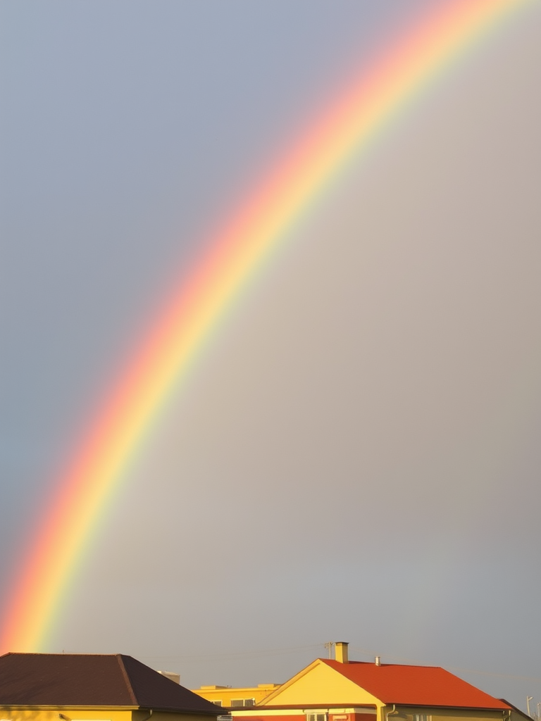 Create a vibrant rainbow arching across a clear sky, using a DSLR camera with an aperture of f/2.8, ISO 100, and a shutter speed of 1/200s, capturing a wide-angle view to enhance color saturation and clarity.