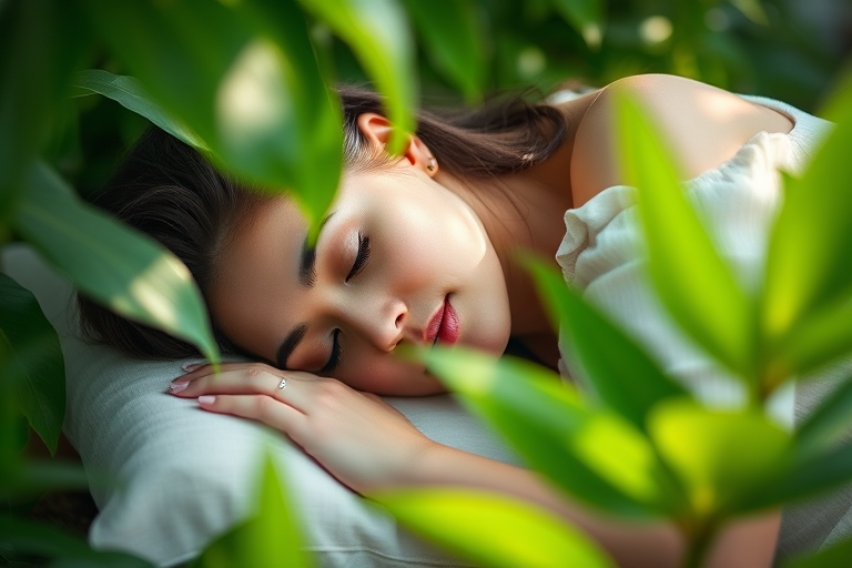 portrait of a serene woman sleeping on a soft pillow surrounded by lush green leaves, soft natural lighting, depth of field, ISO 100, f/2.8, 50mm lens, DSLR camera