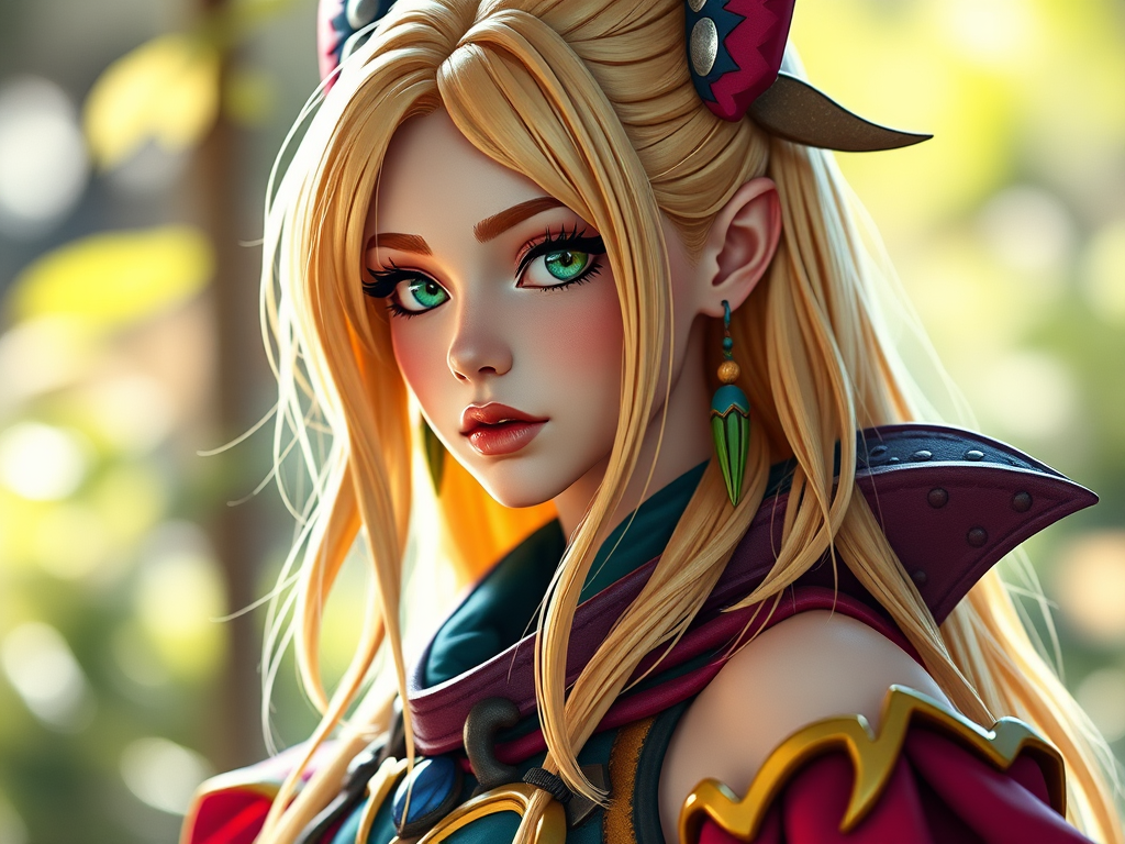 Generate an image of a stylized female character with long blonde hair and a colorful outfit, inspired by fantasy art, shot with a Canon EOS R5 at f/2.8, ISO 100, using a 50mm lens in soft natural lighting with a shallow depth of field.