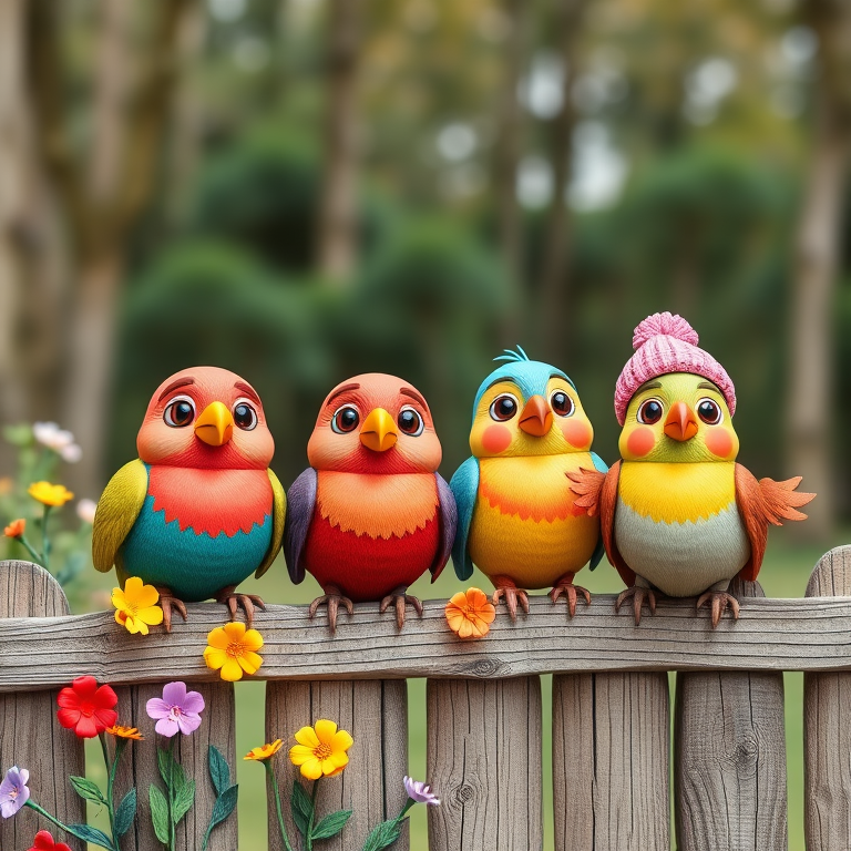 create a scene of 4 quirky  whimsical colourful comical birds each with a funny expression. they are sat on a wooden fence with colourful flowers. they are all different sizes. each one is a different colour  one is wearing a woolly hat. Each one has a different quirky google expression and there is a muted background of trees watercolour paintierly style high definition 8k resolution 3D paper mache