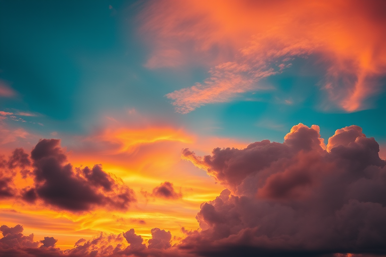 A vibrant sunset over dramatic clouds with iridescent colors captured at f/8 aperture, ISO 100, 1/60 sec shutter speed using a full-frame DSLR camera from a low angle perspective, wide-angle lens, emphasizing the cloud formations and colors.