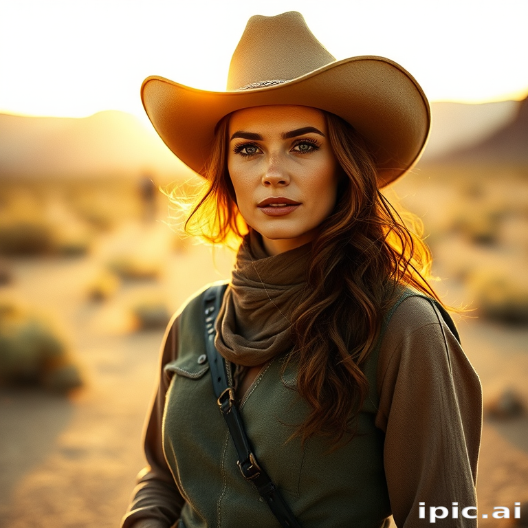 Dramatic photo of a beautiful Western American woman, classic cowboy attire, confident and free spirit expression, half-length portrait, centered, golden hour desert landscape, warm, diffused light, low angle, medium format film camera, in style of Annie Leibovitz.