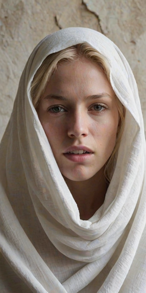Create a close-up photographic image of the head and torso of a person with light skin tones shown against an old, worn wall. Their head is wrapped in a white cloth covering (i.e.... parts of the head except the nose and mouth, which are open as if they are screaming...), with a slight texture and visible folds in the fabric. Thin strands of blonde hair escape from the wrapping above, falling lightly at the top and sides. Their hands hold the fabric as if they are tugging nervously. The lighting is dramatic and even, casting strong shadows. The image has a minimalist and surreal style with an emphasis on simplicity with soft color tones. The composition is centered.