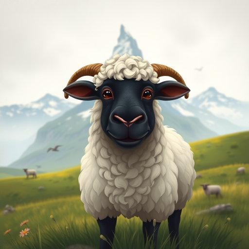 A textured painterly fantasy artistic cartoon image of a curious Valais Blacknose sheep with thick, curly white wool stands front and center in a picturesque alpine meadow, with the iconic Matterhorn Mountain looming in the background. The sheep's face is dark and expressive, with small horns jutting out from its sides. The scene is set against a misty sky, with rolling green hills and distant peaks covered in snow. The overall atmosphere is peaceful, capturing the serene beauty of the Swiss countryside.