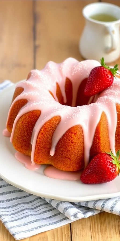 A beautifully decorated bundt cake with a light pink icing drizzle on top, garnished with powdered sugar and a fresh strawberry on the side, placed on a white plate with a striped linen underneath and a small pitcher in the background.