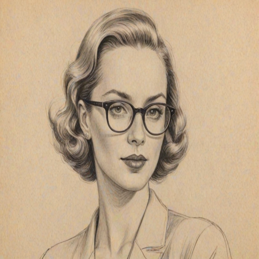 Exquisite Sophia Turner, pencil sketch, portrait of Fetching woman 1938s in glasses, hair style beatnik, outline, clear lines, fine lines, 8k