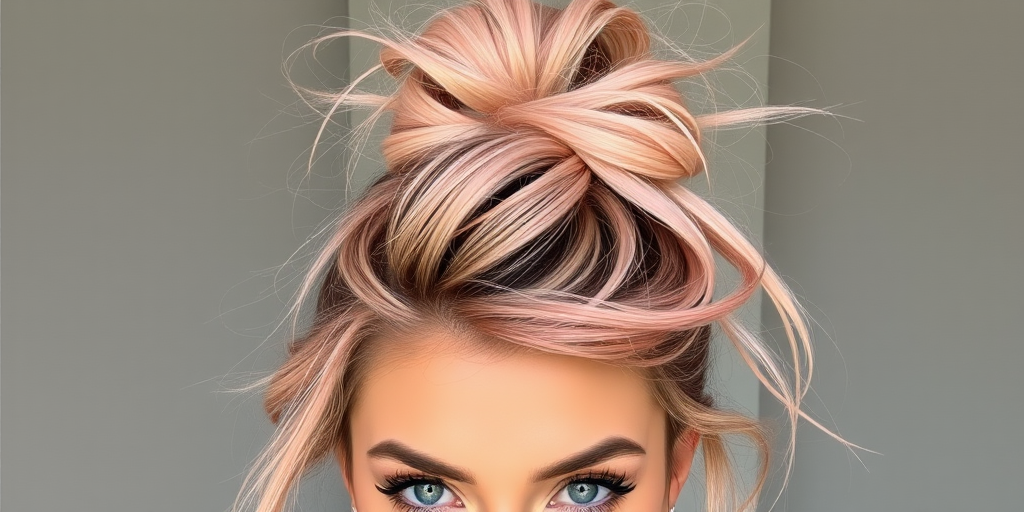 Trendy influencer showcasing a messy topknot with face-framing tendrils, featuring a rose gold base color with pastel pink highlights