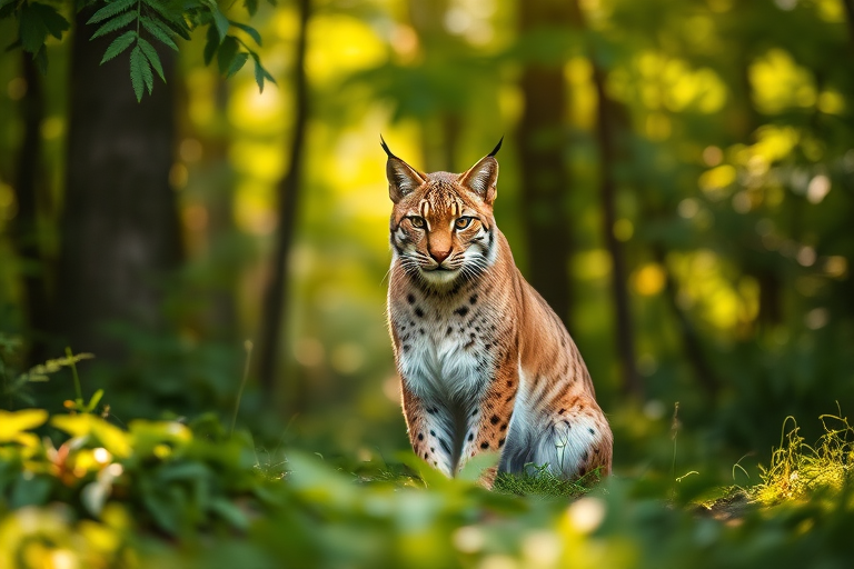 Lynx sitting in a lush green forest, soft sunlight filtering through the trees, high-fidelity details, aperture f/2.8, ISO 100, shutter speed 1/200, 50mm lens, DSLR camera.