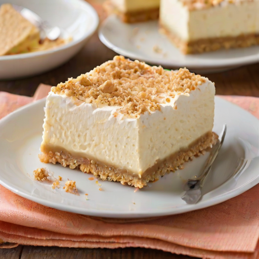 Regenerate an image of a creamy dessert slice with a graham cracker crust. The dessert has a smooth, pale yellow filling topped with a sprinkle of crushed graham crackers. The background features a glass dish with more of the dessert, and the setting is bright and inviting.