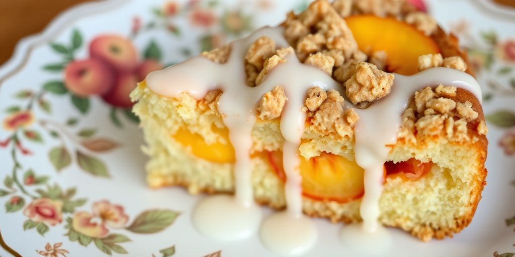 A slice of peach crumb cake on a decorative plate with a golden crust and crumbly topping drizzled with a creamy glaze showcasing juicy peach slices inside.