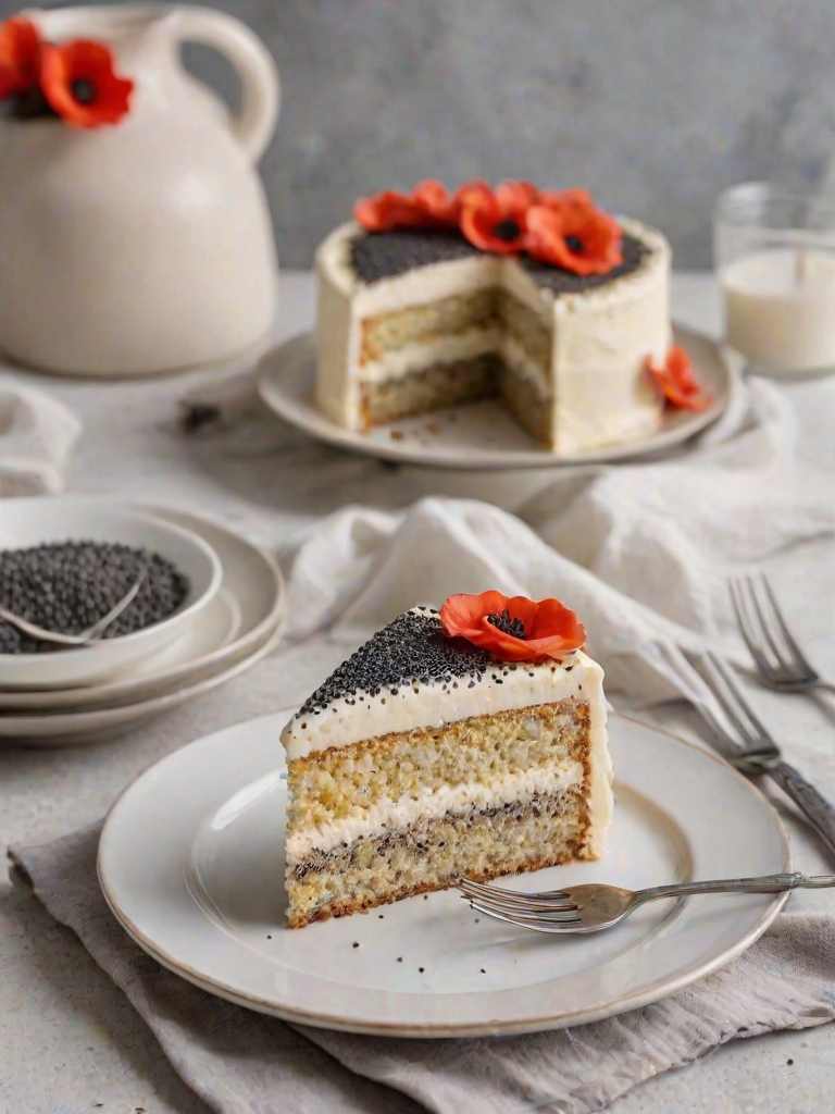 Generate an image of a slice of cake on a white plate. The cake is layered with a light-colored sponge and has a creamy white frosting decorated with poppy seeds. A fork is placed next to the slice on the plate. The background is soft and neutral to emphasize the cake.