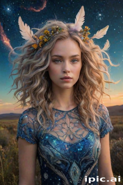 Create a series of imaginative portraits where each subject is infused with elements of fantasy and nature. The hair of the individuals should flow like clouds, varying from soft, fluffy cumulus to wispy cirrus strands, with hints of color reflecting a sunset or a clear blue sky. The eyes should be windows to entire galaxies, with stars, nebulae, and distant planets visible within them. Clothing should be adorned with nature motifs, such as floral patterns that bloom and change, vines that seem to grow and wrap around, or feathers that shimmer with iridescence. Each portrait should capture a unique personality, blending human features with the ethereal beauty of the natural and cosmic world. The backgrounds can vary, from starry night skies to enchanted forests, adding depth and context to the magical realism of the portraits