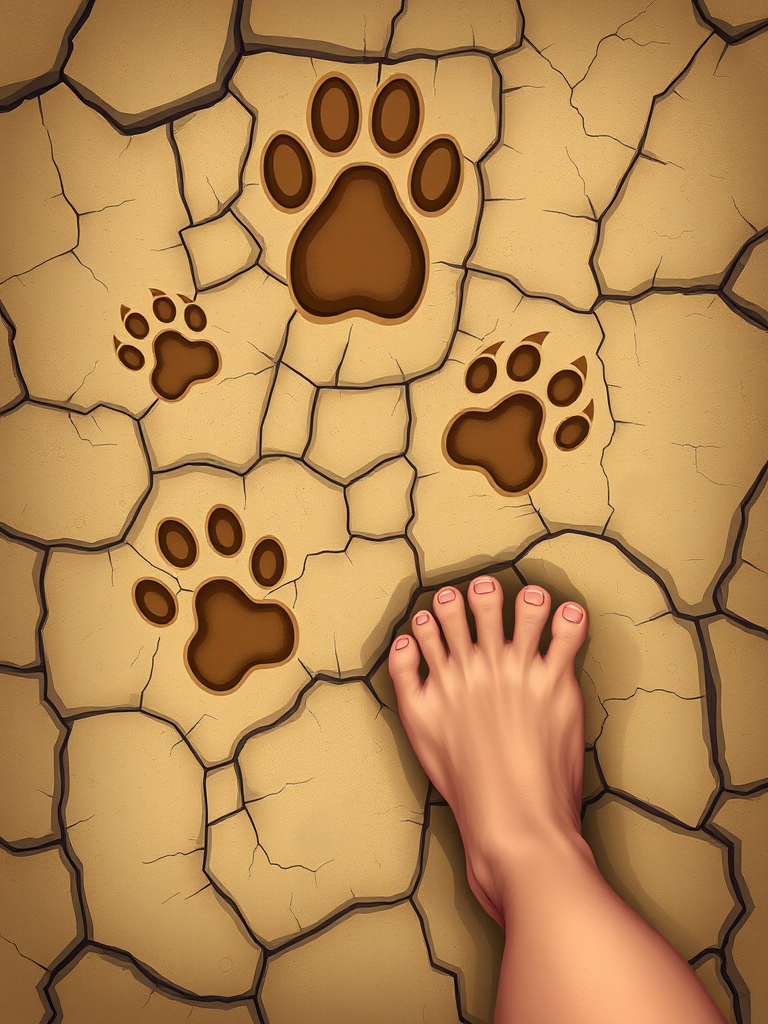 Create a detailed illustration of various animal footprints including a cat paw, dog paw, bear paw, and human foot in a cracked earth texture, camera settings: ISO 200, aperture f/8, shutter speed 1/250s, camera view from above, camera style realistic, camera type DSLR.