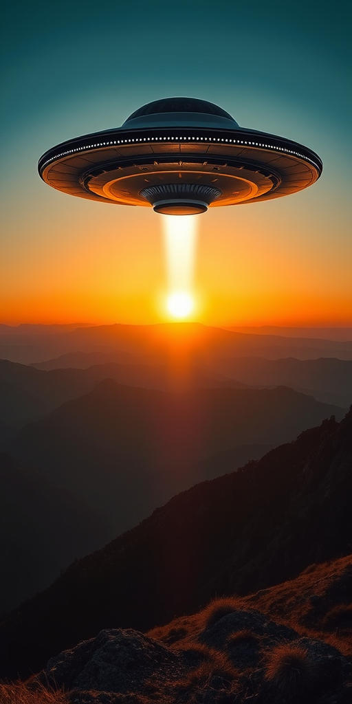 Create an image of a futuristic UFO hovering above a serene mountain landscape during sunset, with a beam of light emerging from its bottom, captured with a DSLR camera at f/11 aperture, ISO 100, shutter speed 1/200s, wide-angle lens, in high dynamic range style.
