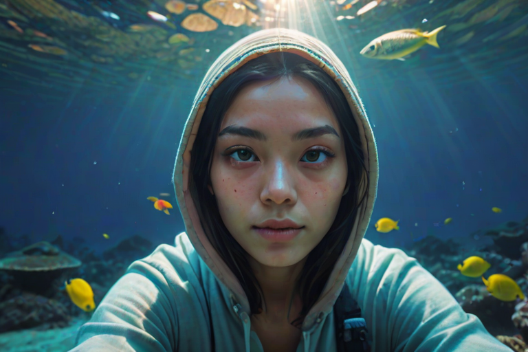 Realistic selfie image of a Asian, wearing a vintage outfit, detailed dreamy eyes, droopy hooded eyes, staring at the camera, taken underwater at coral reef with a sunbeam filtering through the water, vibrant, summer vacation, natural lighting, turtle and school of tropical fish with vibrant colors, rendered in the style of CryEngine, Pegi Nicol MacLeod, with realistic genre scenes, hauntingly beautiful narratives, ultra-realism, and Thomas Saliot's close-up technique, 8K resolution, crystal clear and sparkling water.