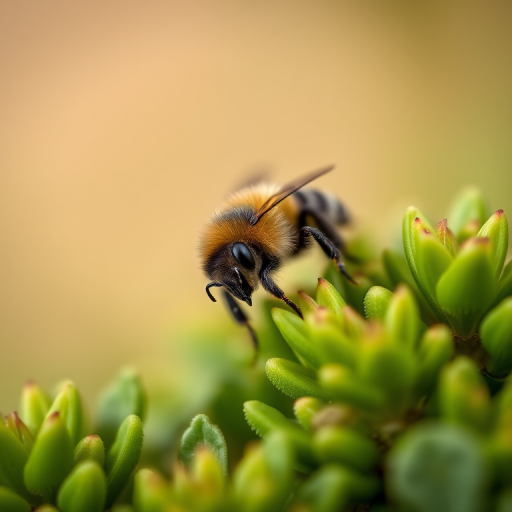 macro shot of a bee perched on green foliage, shallow depth of field, f/2.8 aperture, 1/200 sec shutter speed, ISO 100, 100mm lens, natural lighting, DSLR camera