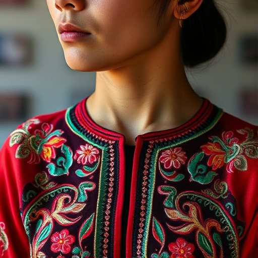 Face, shoulders, chest covered in openwork Hmong embroidery. Raw, unedited image.