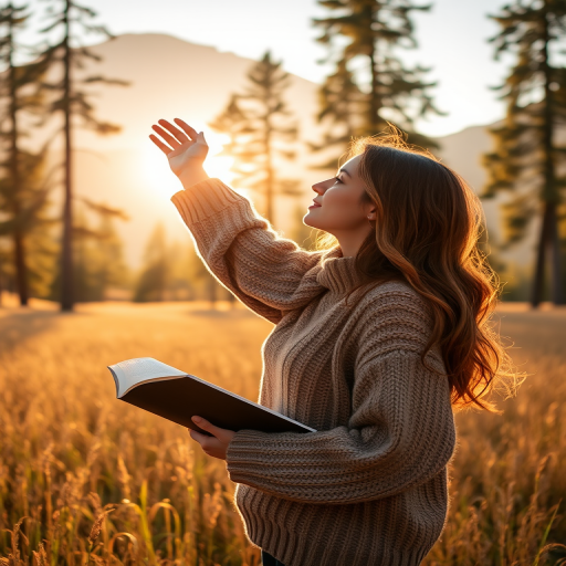 A young woman in a cozy sweater stands in a golden field surrounded by tall trees and mountains, reaching toward the sunlight with a book in her hand, photographed with a Canon EOS R5, 50mm f/1.2 lens, aperture f/2, ISO 100, using soft golden hour lighting for a warm atmosphere.