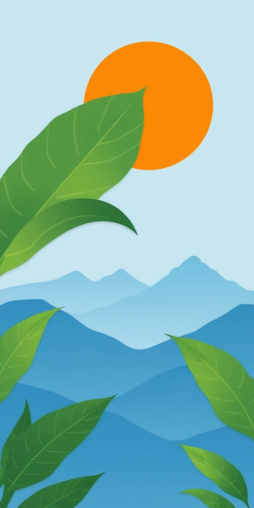 create a minimalistic landscape illustration featuring green tropical leaves in the foreground with layered blue mountains in the background under a simple orange sun against a light blue sky.