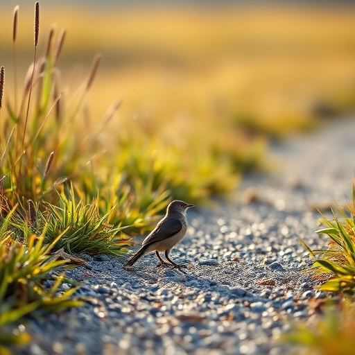 gentle morning light landscape with a solitary bird on a gravel path surrounded by tall grass, shallow depth of field, 50mm lens, f/1.8, ISO 200, soft focus background, natural lighting, captured with a DSLR camera