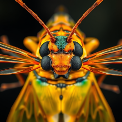Create a highly detailed illustration of a cicada from a top-down perspective with vibrant colors and clear lines, using a macro lens with a shallow depth of field at f/2.8, ISO 100, 1/200 sec exposure, shot with a DSLR camera to enhance image quality.